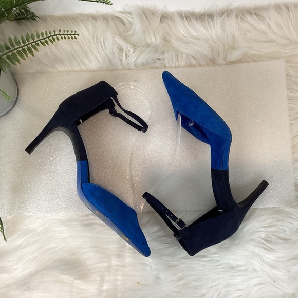 ZARA ANKLE STRAP POINTY TOE HEELS VEGAN LEATHER BLUE BLACK SZ EUR 39 US 9 - Picture 4 of 9